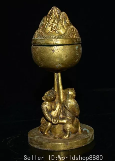 8.8" Old China Bronze Gilt Fengshui Monkey Boshan Furnace Incense Burner Censer