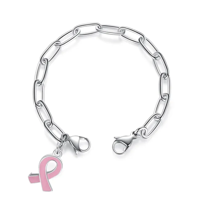 Medical ID Silver Link Interchangeable Bracelet  Strand With Pink Ribbon Charm