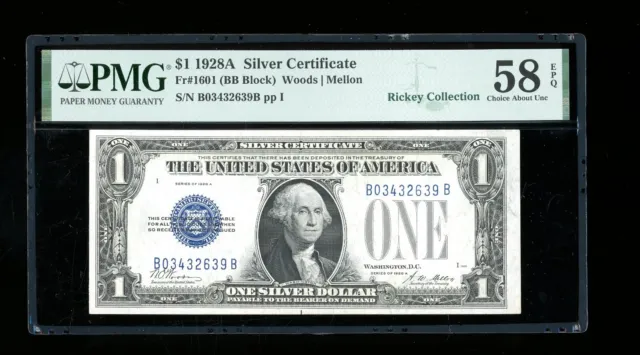 DBR 1928-A $1 Silver Funnyback Fr. 1601 BB Block PMG 58 EPQ Serial B03432639B