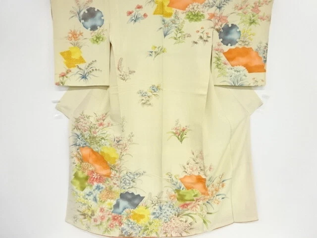 39424# Japanese Kimono / Antique Kimono / Embroidery / Folding Fan Pattern &