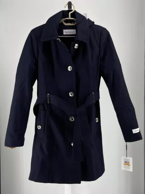 Calvin Klein Womens Coat Small CW788878 Navy Blue Wool Blend Belted Jacket NWT