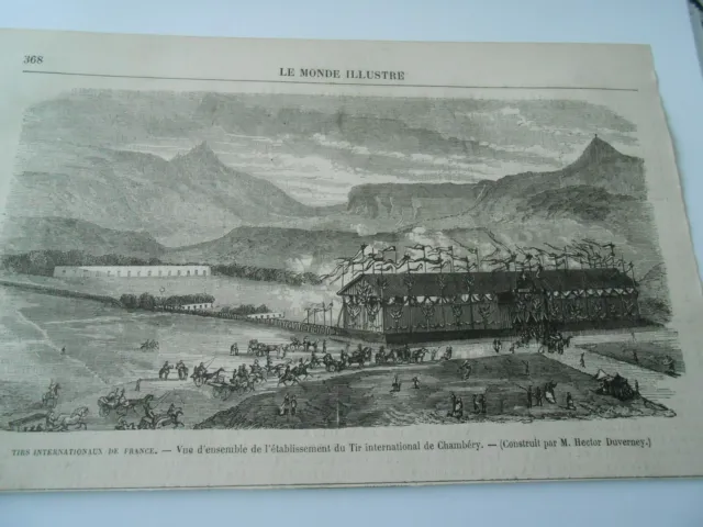 Gravure 1870 - Tir internationnaux Vue de l'établissement de Chambéry