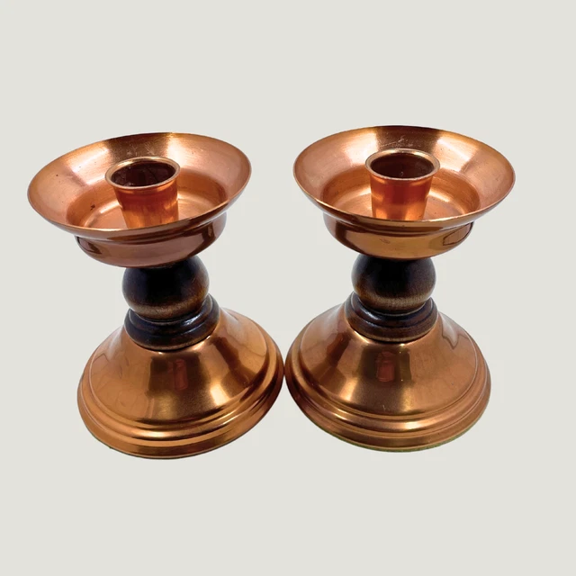 MCM Vintage 1960s Copper Candleholders with Wood Columns Pair
