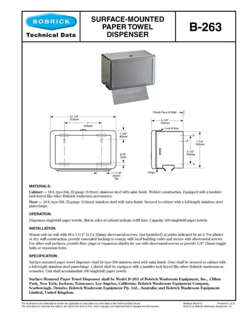 Distributeur de serviettes en papier monté sur surface en acier inoxydable Bobrick B263 neuf dans sa boîte 3