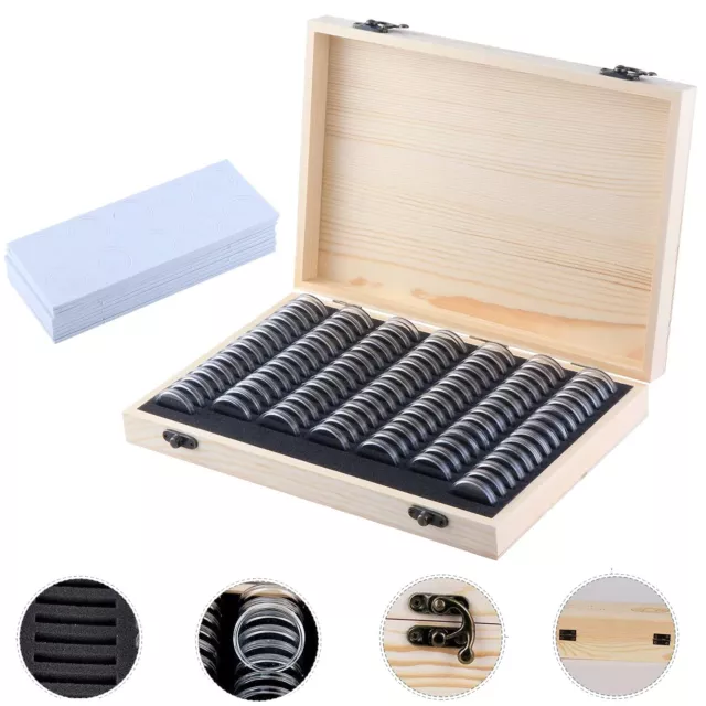 100x Coins Display Storage Box Wooden Coin Holder Case Capsules Collectible Coin