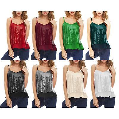 Womens Casual Loose Chiffon Lining V Neck Crop Top Sparkling Sequins Camisole