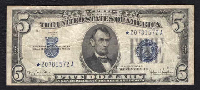 Fr. 1654W* 1934-D $5 *Star* Wide Silver Certificate Currency Note Very Fine