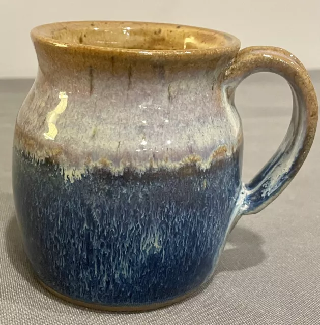 Studio Art Pottery Mug Blue, Tan, Rose Drip Glaze 10 Oz Coffee-Tea Collectible