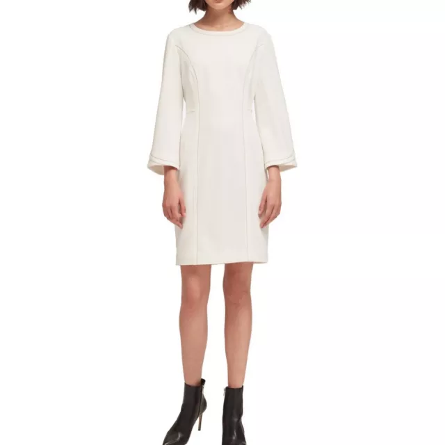 DKNY NEW Women's Ivory Bell-sleeve Stretch Contrast-stitch Sheath Dress S TEDO