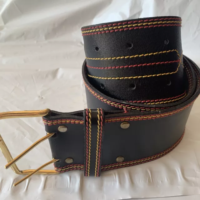 Vintage Wide Leather Belt Black Two Prong Buckle Boho Peasant Country Stitching