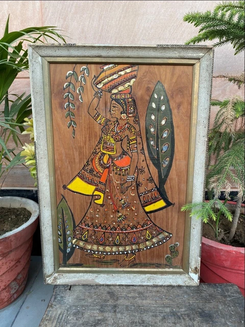 Ancient Old Hand Painted Wooden Fram Woman Figure On Wood CardBord