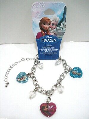 Disney Princess Frozen Characters Glitter Hearts Charm Bracelet Anna Elsa Olaf 