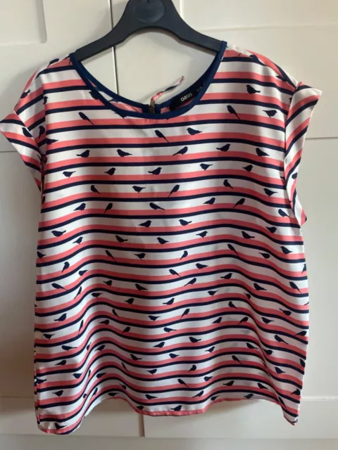 Ladies Oasis coral and white and navy stripe bird short sleeve t-shirt Size 12