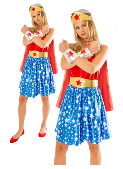 Wonderwoman Ladies Licensed Rubies Fancy Dress Costume Superhero Outfit Adults