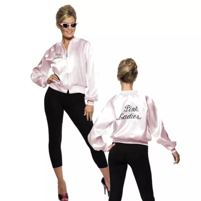 Womens Pink Ladies Jacket 1950s 50s Grease Adults Girls Fancy Dress Costume