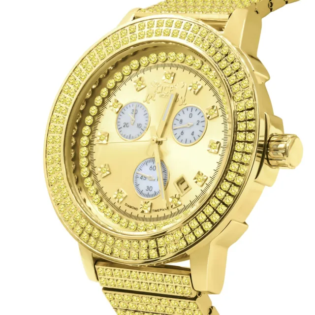 Real Diamond Dial Full Stainless Steel Canary Gold Tone Men's Watch W/Date 54mm