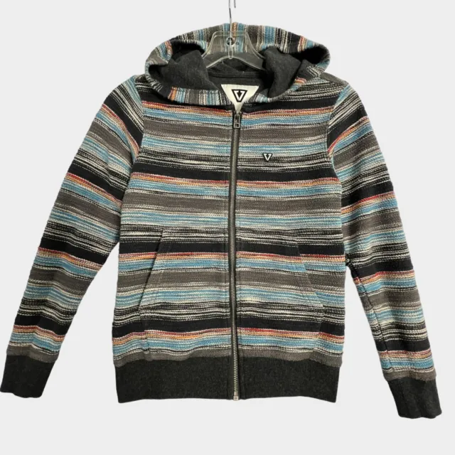 Vissla Hoodie Sweatshirt Full Zip Gray Blue Stripe Long Sleeve Boys Small S