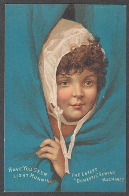 Domestic Sewing Machine trade card 1880s girl in nightcap peeks from drapes
