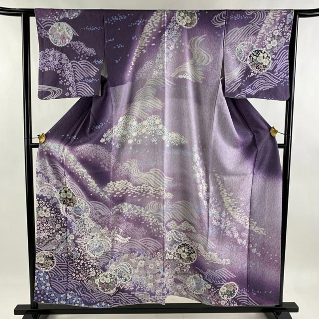 Woman Japanese Kimono Houmongi SilkFlowers Wave Blur Purple