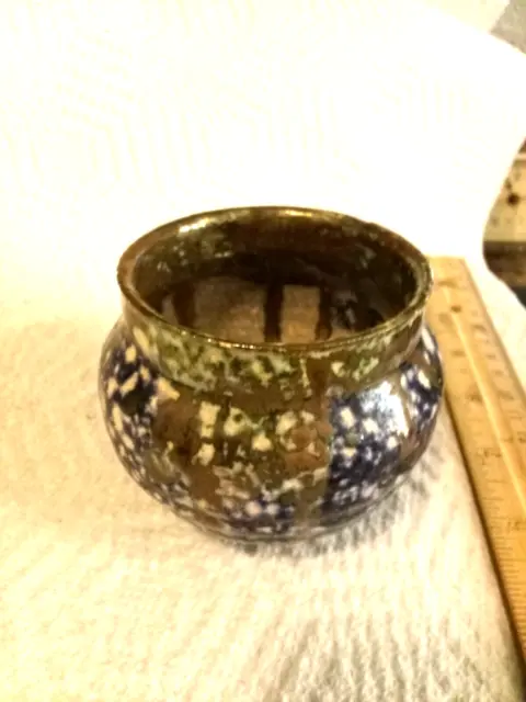 Vintage oriental Asian sponged raku blue flow pottery artisan bowl porcelain