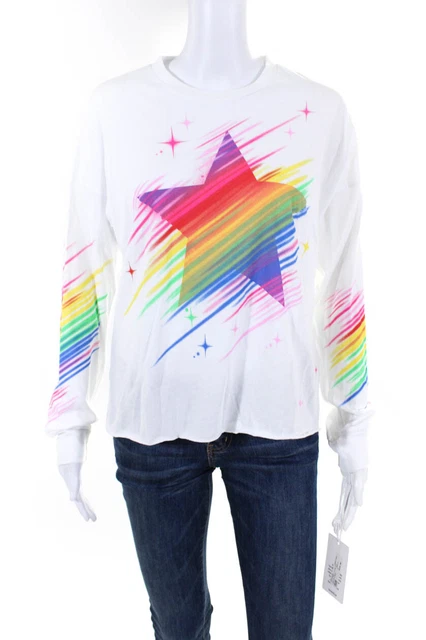 Lauren Moshi Women's Star Print Crop Long Sleeve Crewneck Tee White Size S