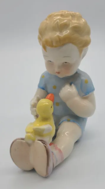 Vtg Hand Painted Porcelain Piano Baby Blonde Boy Duck Polka-Dot Pajamas Figurine