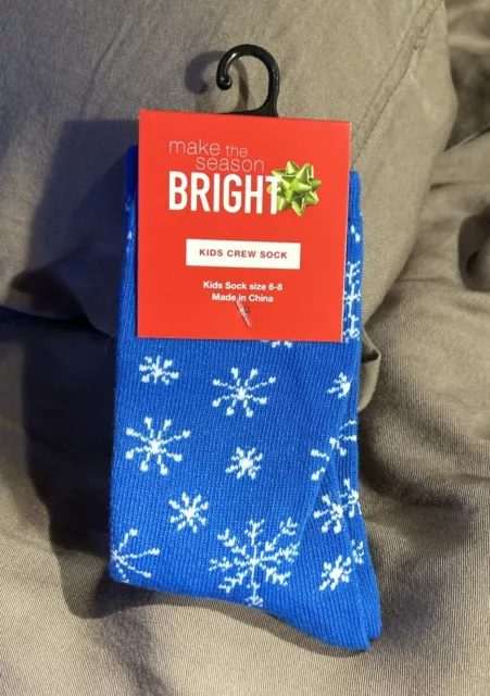 New Make The Season Bright Kids Crew Socks Snowflakes Blue And White Size 6-8