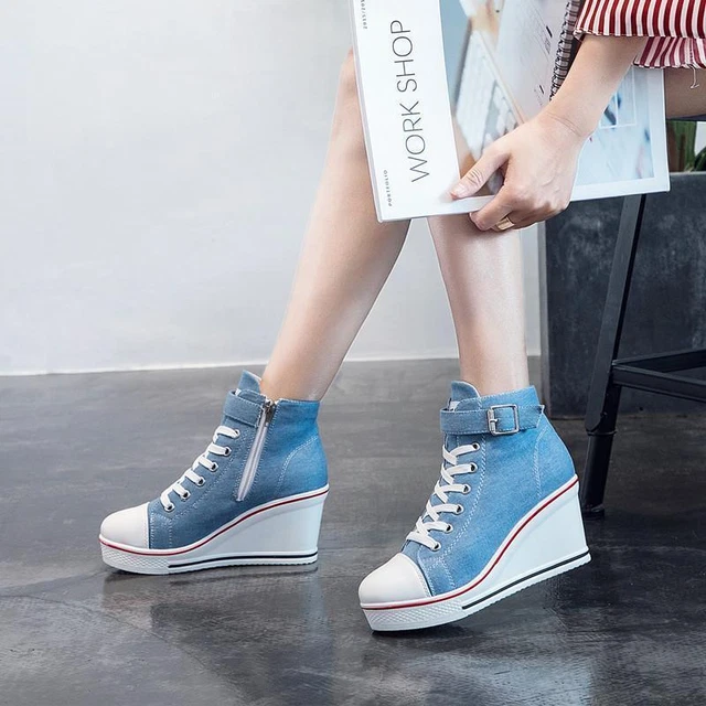 Lady's High Top Wedge Heel Sneakers Women Pumps Lace Up Sport Canvas Shoes New