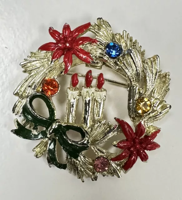Vintage Silver Tone Enamel Christmas Wreath Brooch Pin Rhinestones 3 Candles