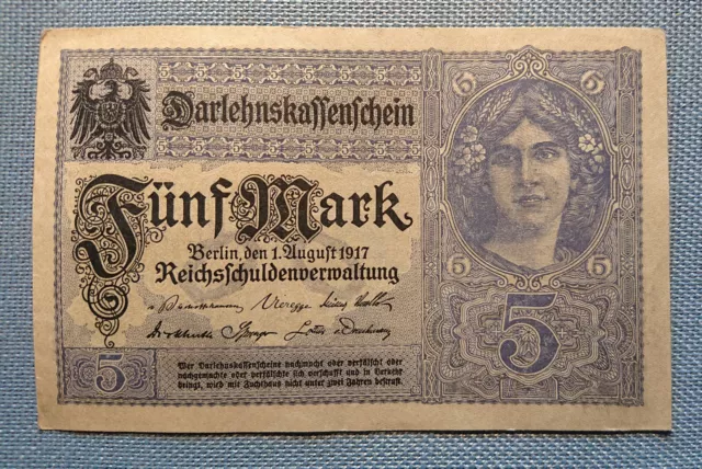 Darlehnskassenschein Five Mark Berlin 1. August 1917 Reichsschuldenverwaltung