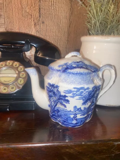 Antique Vintage Charles Dickens Old Curiosity Shop Blue White Old China Teapot