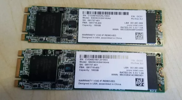 Lot of 2 Intel 180GB SSD M.2 SATA III 2280 Solid State Drive SSDSCKGW180A4
