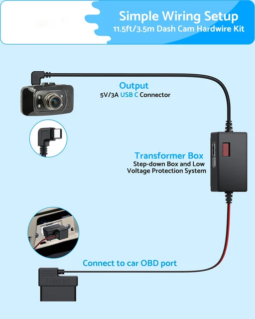 Kit Hardwire Pour Caméra De Voiture - Compatible F7N Et Autres Modèles USB-C - Protection Basse Tension - Surveillance Parking 24h/24