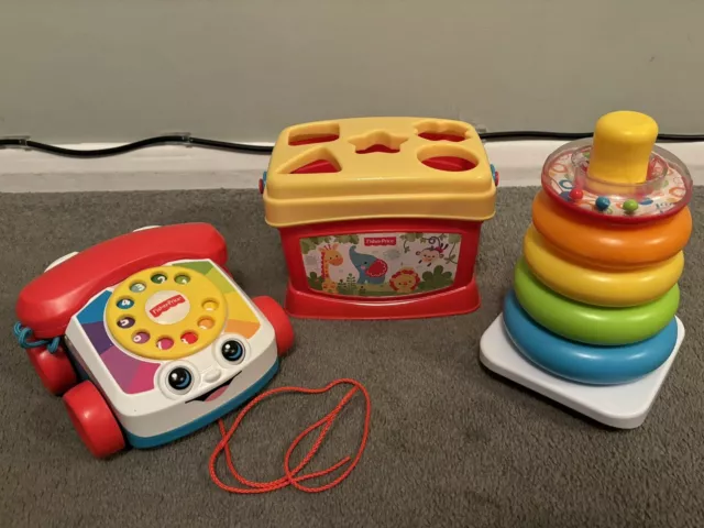 Fisher-Price Baby Toy Bundle: Pull-along Telephone, Shape Sorter, Stacking Rings