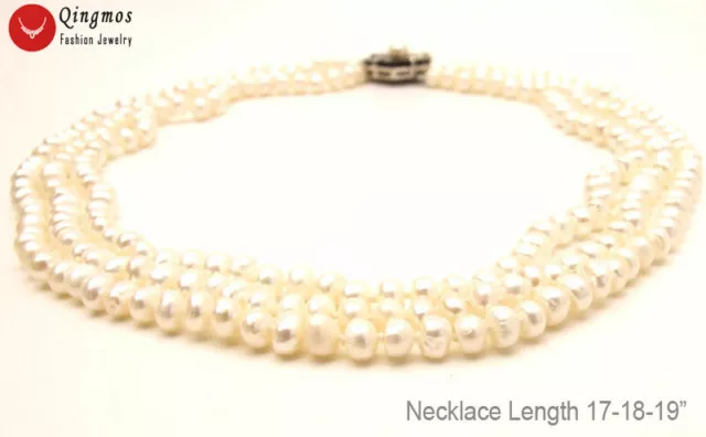 6-7mm Flat Round Natural FW White Pearl Necklace for Women 3 Strand 17'' Chokers