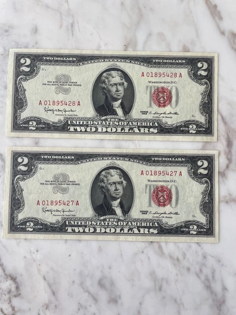 2X 1963 $2 Bill Consecutive Uncirculated !!!