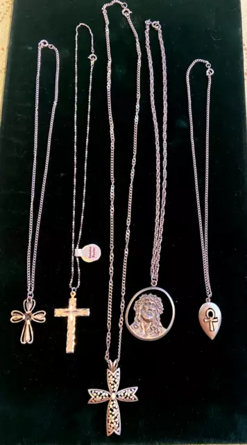 5 Religious Pewter Pendants Crosses Christ Jesus Usa Made Lot Church