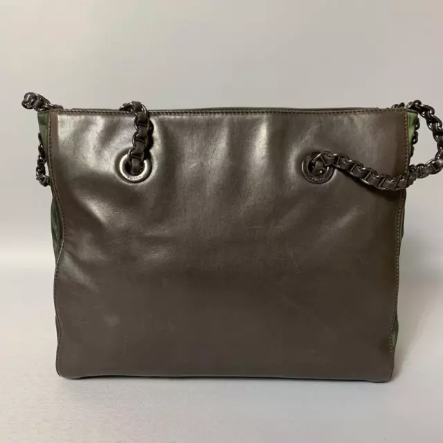 prada authentic chain bag nylon leather bicolor dark brown green zip closure 3