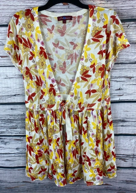 Womans Size 14 Cardigan Short Sleeve Lightweight Floral Knit Yellow Uttam 1098