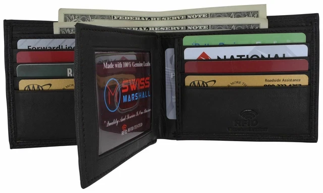 RFID Blocking Mens Genuine Leather Black Flap Credit Card ID Holder Slim Bifold