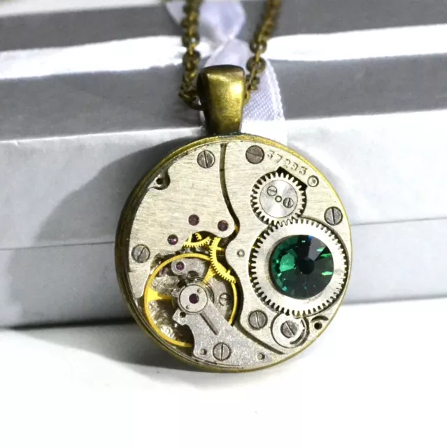 Steampunk necklace encrusted with crystals crystal pendant green olive upcycled