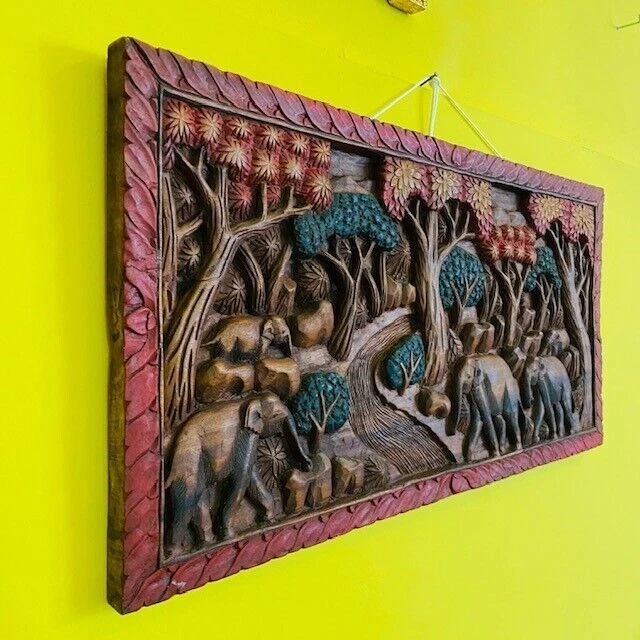 Panel Decorativo Friso Elefantes Marco Teatata Madera Maciza