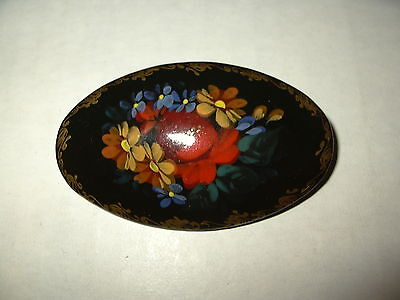 Vintage Signed Russian Hand Painted Flowers On Black Lacquer Wood Brooch Pin (1)