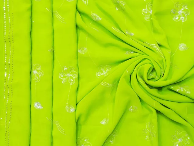 Indisch Jahrgang Grün Sari Frauen Georgette Mischung Stoff Bestickt Saree SI4760