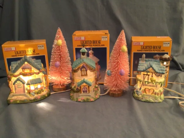 Vtg Set of 3 Easter Houses Porcelain Hand Painted Lighted in Boxes Fabri-Center