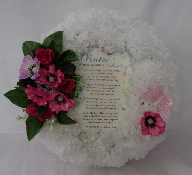 Silk Mother's Day Poem Posy Wreath, Pink Artificial Memorial Wreath, Mum Poem