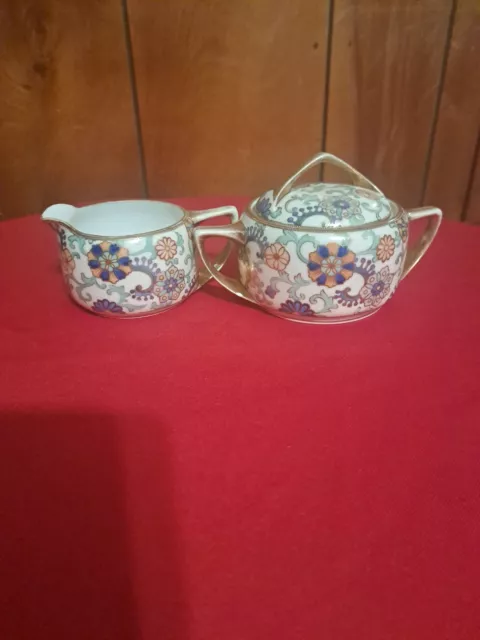 Vintage Hand Painted Nippon Creamer & Sugar Bowl w/ Lid Set