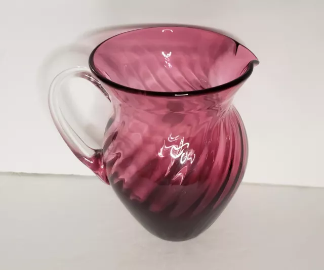 Vintage Art Glass Decorative Pitcher Cranberry Swirl Clear Applied Handle