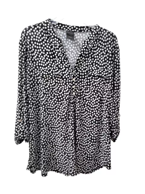 JTB Long Sleeve Top Black White Polka Dot Stretch Silver Tone Buttons Womens XL