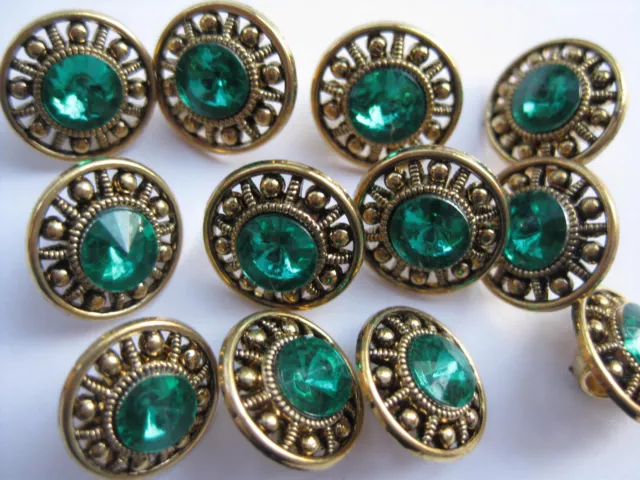 13mm Small Sweet Antique Gold Green Rhinestone Vintage Sewing Buttons Set of 12